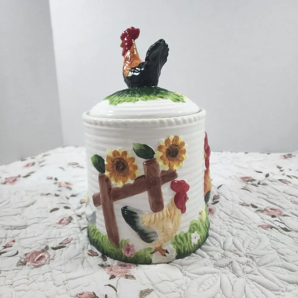 Vintage Ceramic Rooster Sunflower Canister Cookie Jar 3D Farmhouse Ribbed